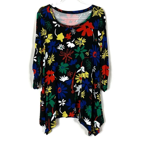 3/$30 Unbranded | Black Primary Color Floral Pattern Ruched 3/4 Sleeve Top L - Picture 1 of 7